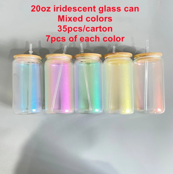 35pcs USA Warehouse 20oz Blank Sublimation Iridescent Beer Glass Can With Bamboo Lid And Plastic Straw