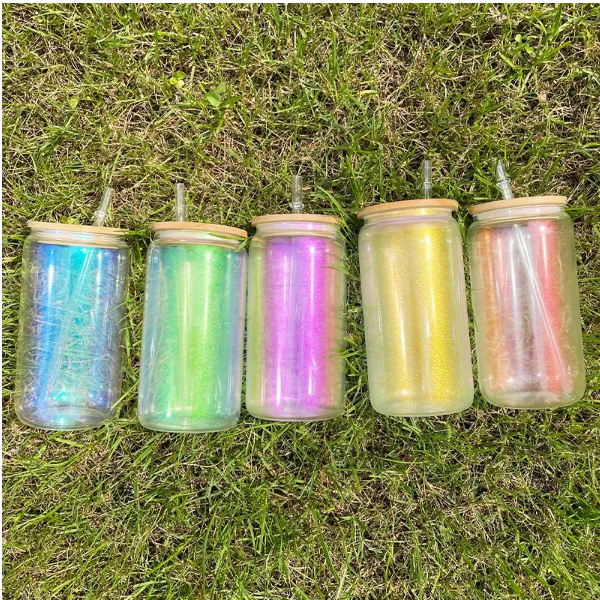 35pcs USA Warehouse 20oz Blank Sublimation Iridescent Beer Glass Can With Bamboo Lid And Plastic Straw