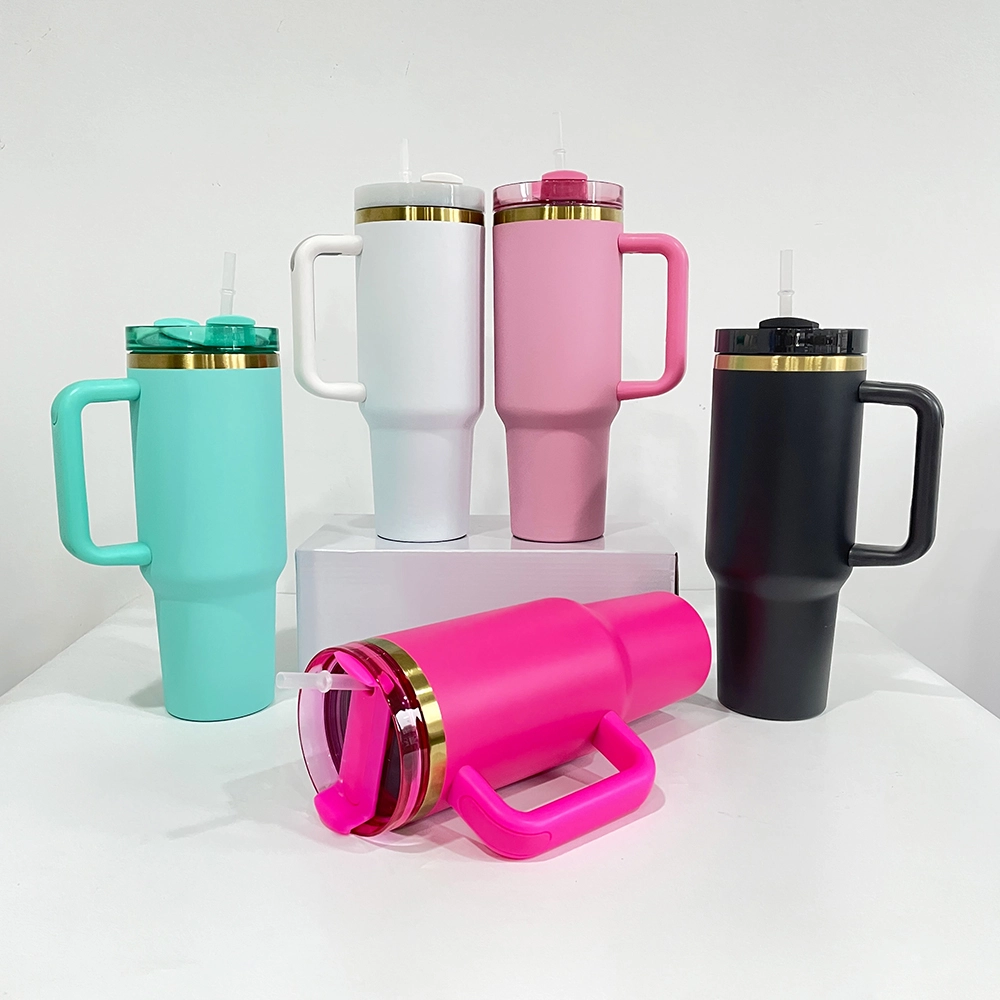 20PCS H2.0 40oz Gold Plated Engraved Cream White and Black Powder Coated Stainless Steel Tumbler with Handle