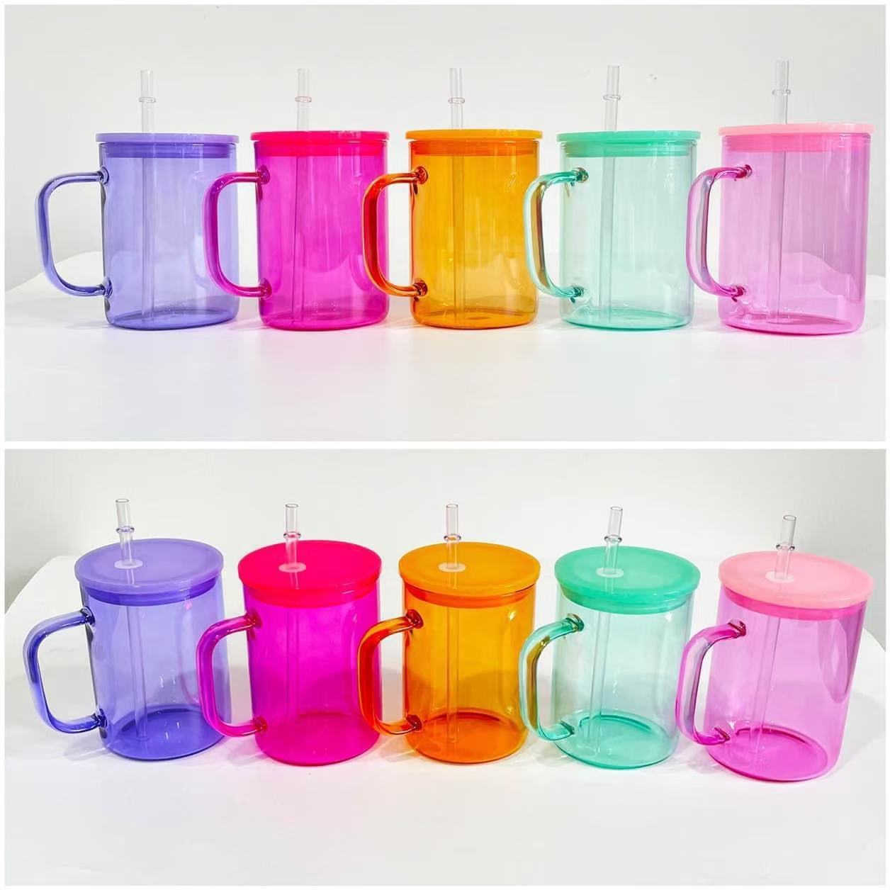 25pcs 17oz Sublimation Jelly Glass Mugs With Handles with Plastic Lids