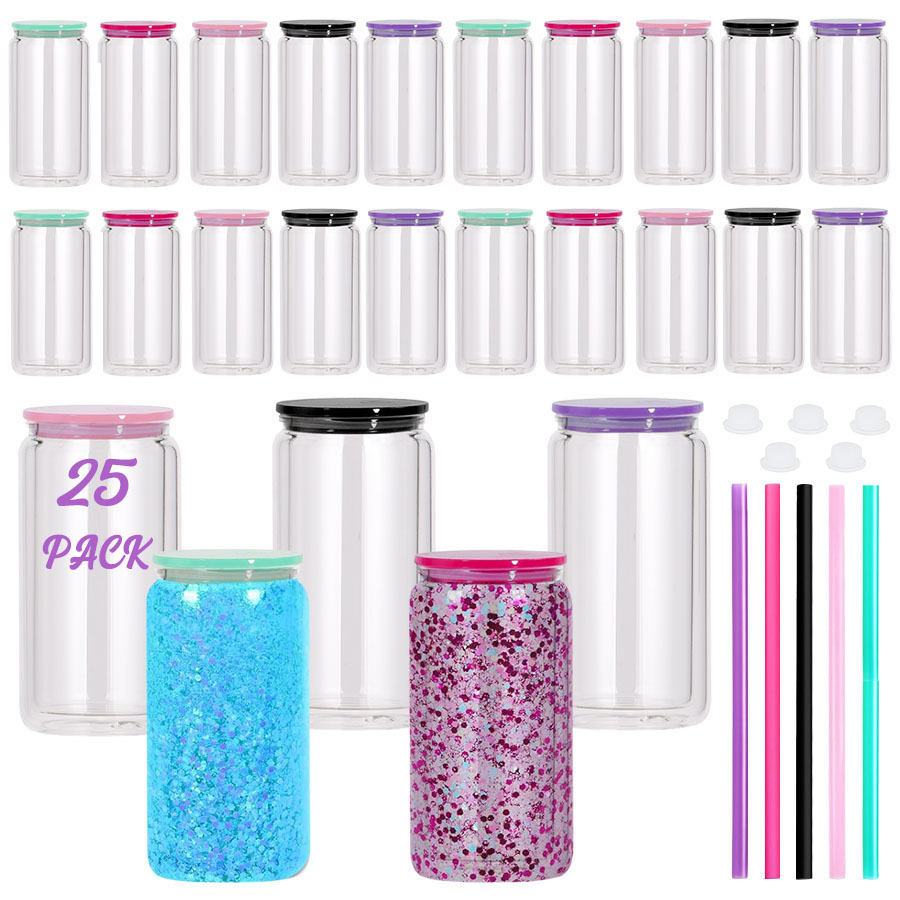 50PCS 16oz Double Wall Plastic Snow Globe Tumbler with Pre-Drilled Holes Clear Lid