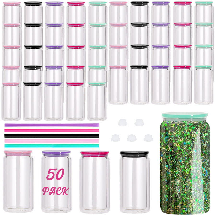50PCS 16oz Double Wall Plastic Snow Globe Tumbler with Pre-Drilled Holes Clear Lid