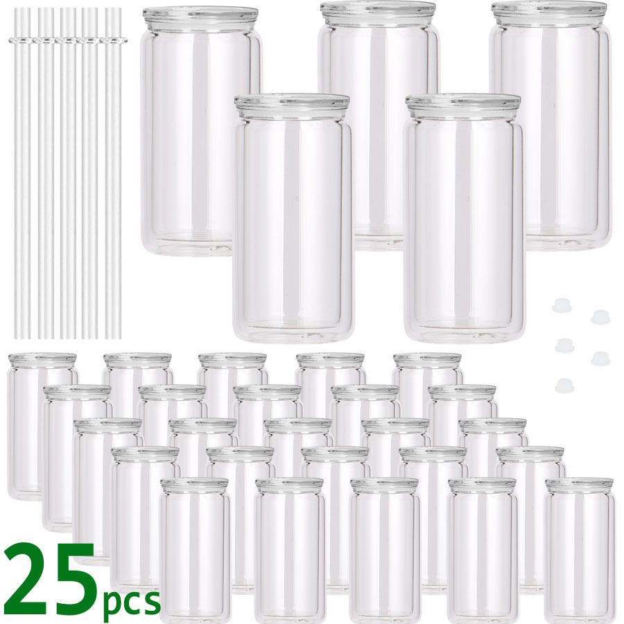 50PCS 16oz Double Wall Plastic Snow Globe Tumbler with Pre-Drilled Holes Clear Lid