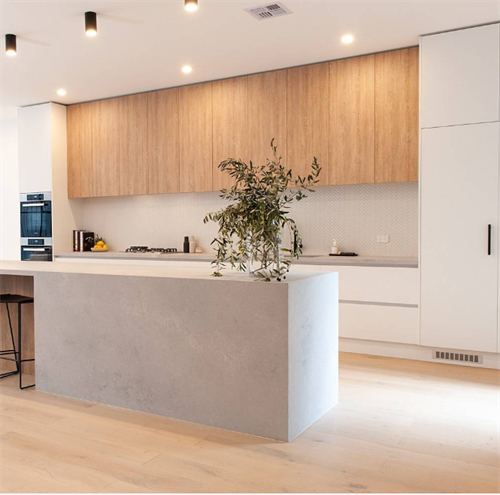 Modern style handless kitchen cabinets lacquer and wood melamine finish mix