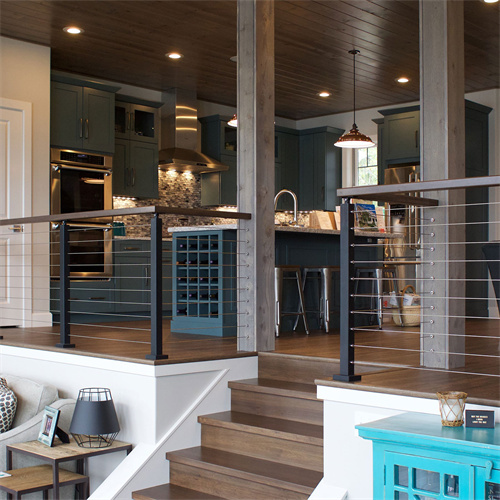 Indoor stainless steel stair wire railings with wood handrail
