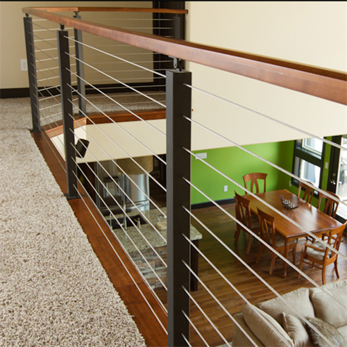 Indoor stainless steel stair wire railings with wood handrail