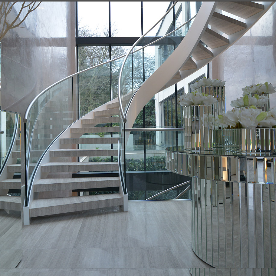 Curved staircase with glass balustrade and American red oak treads indoor use arc stairs