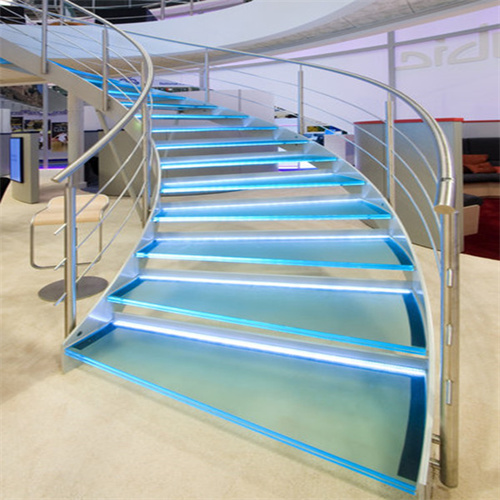 Modern glass step curved stairs with led light for luxury home
