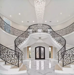 Australian Style Interior Double Plate Beam Marble Step Curved Stairs with Steel Balustrades Handrails for Villa