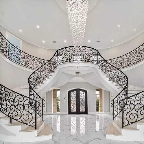 Australian Style Interior Double Plate Beam Marble Step Curved Stairs with Steel Balustrades Handrails for Villa