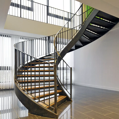 Australian Style Interior Double Plate Beam Marble Step Curved Stairs with Steel Balustrades Handrails for Villa