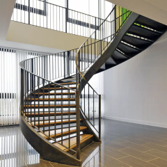Australian Style Interior Double Plate Beam Marble Step Curved Stairs with Steel Balustrades Handrails for Villa