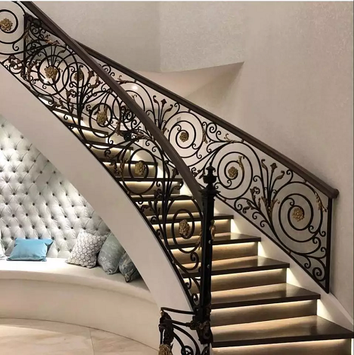 Australian Style Interior Double Plate Beam Marble Step Curved Stairs with Steel Balustrades Handrails for Villa