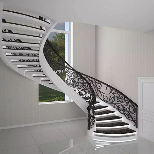 Australian Style Interior Double Plate Beam Marble Step Curved Stairs with Steel Balustrades Handrails for Villa
