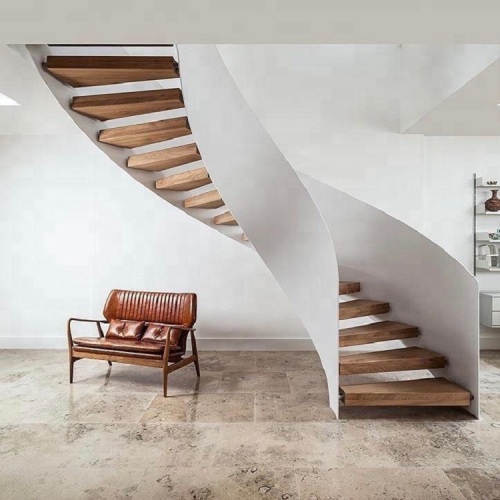 Steel structure double plate beam wooden step curved stairs