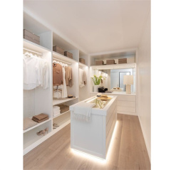 Wooden bedroom storage wardrobe designs L shape walk-in closet set with island