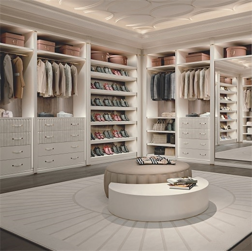 L shape modern wood walk in closet system design