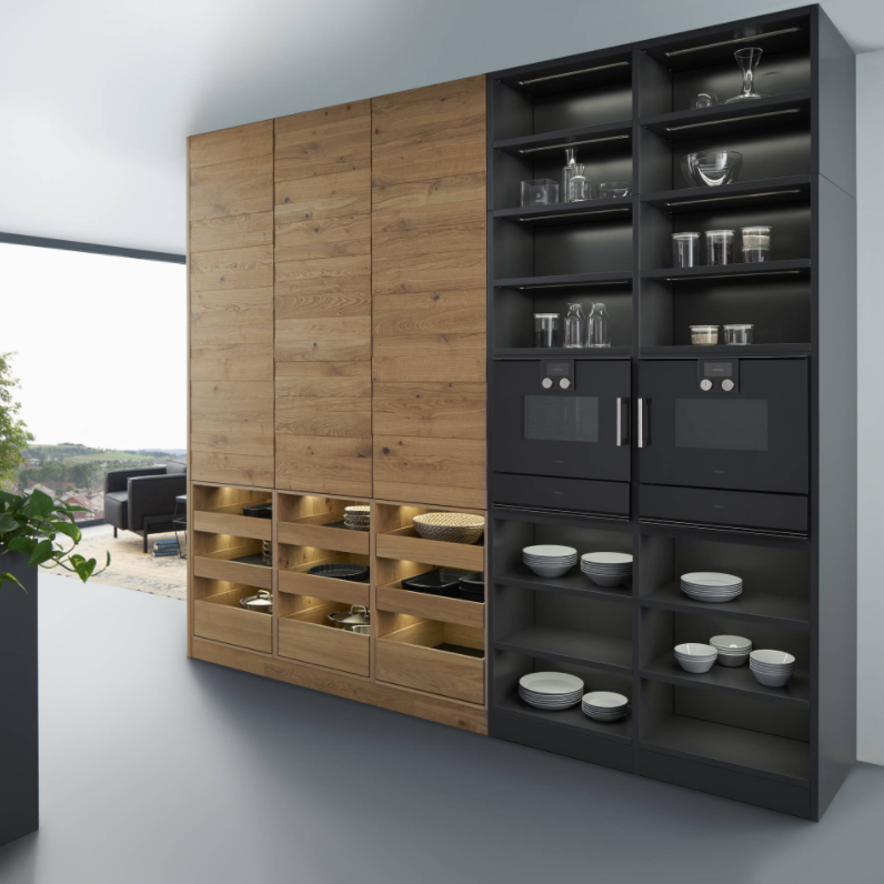 Luxury modern dark grey lacquer and wood finish kitchen cabinets pantry cabinets