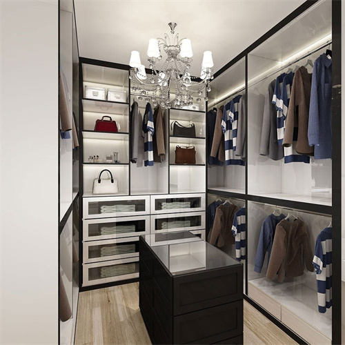 Wooden bedroom storage wardrobe designs L shape walk-in closet set with island