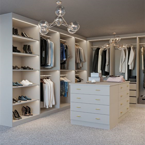 Wooden bedroom storage wardrobe designs L shape walk-in closet set with island