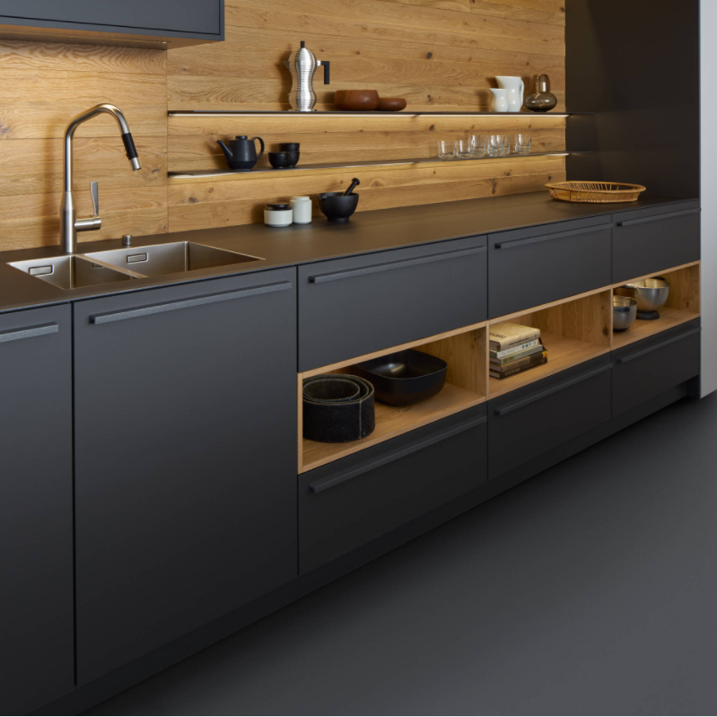 Luxury modern dark grey lacquer and wood finish kitchen cabinets pantry cabinets