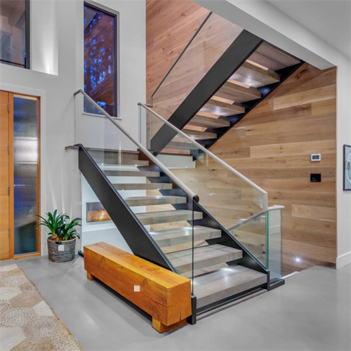 Luxury home staircase u shape glass railing stairs with wood tread