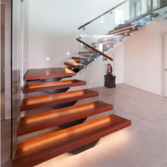Indoor Wood Timber Open Riser Step Led Light Glass Stair Staircase