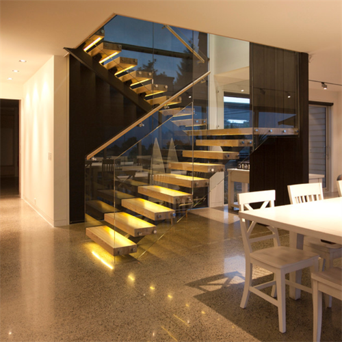 Custom mono stringer stair kits glass railing modern Wooden Staircase with led light