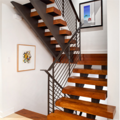 Open riser stairs double central spine staircase with wood tread and steel railing