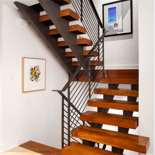 Open riser stairs double central spine staircase with wood tread and steel railing