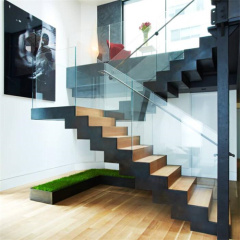 Zig Zag stringer closed riser staircase white oak stairs with glass railing