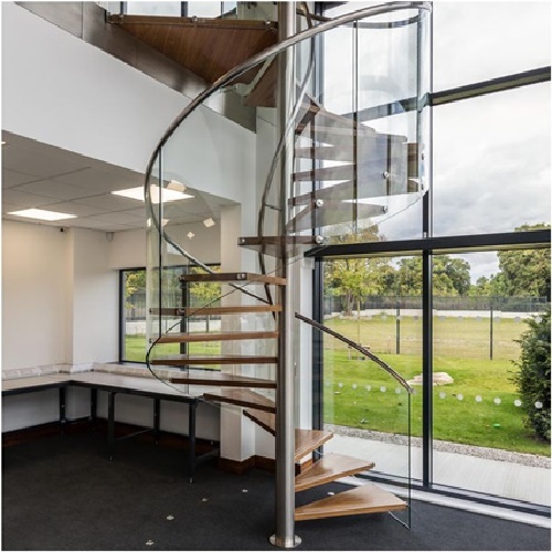 Villa stainless steel wood spiral stairs with glass railing