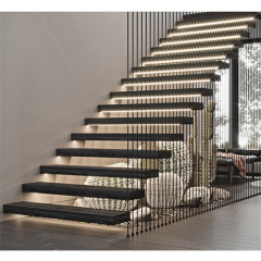 Contemporary floating stairs kit led lighting floating staircase with veritical rods railing