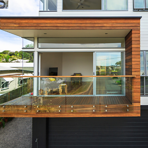 Deck standoff glass railing glass balustrade with wood handrail