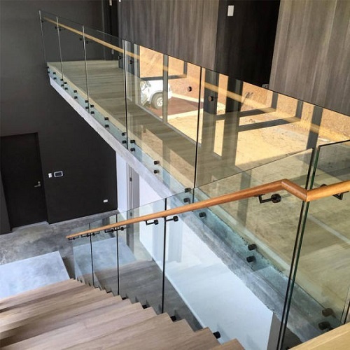 Stair glass railing standoff glass railing with wood handrail side mounted