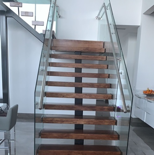 USA wood steel stairs and u channel glass railing