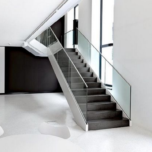 Customized Commercial Steel Stairs With Glass Railing Wooden Stair Treads
