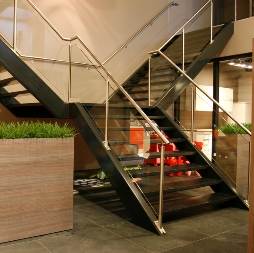 Office Steel Stairs Tempered Glass Wooden floating Staircase Design