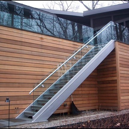 Metal straight stairs with glass railing outdoor staircase design