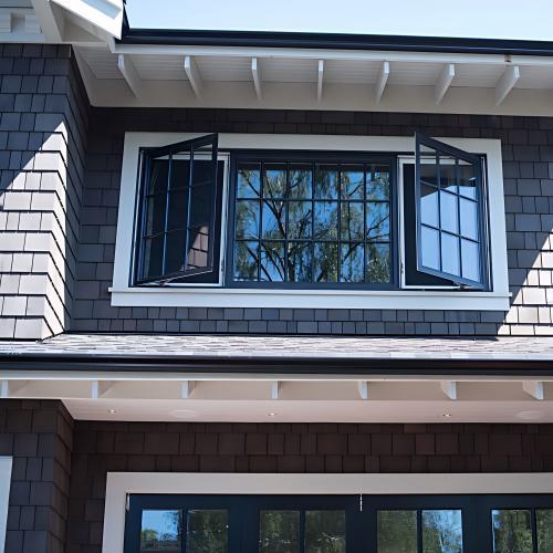 Thermal Break Aluminum Double Outward Casement Window with Center Fixed Panel &amp; Decorative Muntin Grids