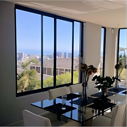 Minimalist Panoramic Black Powder-Coated Aluminum Sliding Window, Insulated Hollow Tempered Glass, Custom Sizes Available
