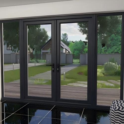 Minimalist Modern Black Powder Coated Aluminum Swing Door with Large Vision & Fixed Side Panels