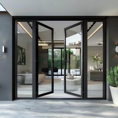 Minimalist Modern Black Powder Coated Aluminum Swing Door with Large Vision & Fixed Side Panels