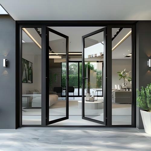 Minimalist Modern Black Powder Coated Aluminum Swing Door with Large Vision &amp; Fixed Side Panels