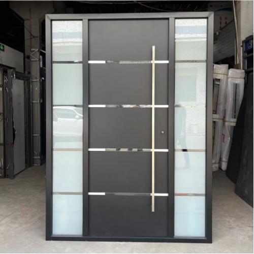 Customizable modern metal entry doors with glass panels for apartments and villas