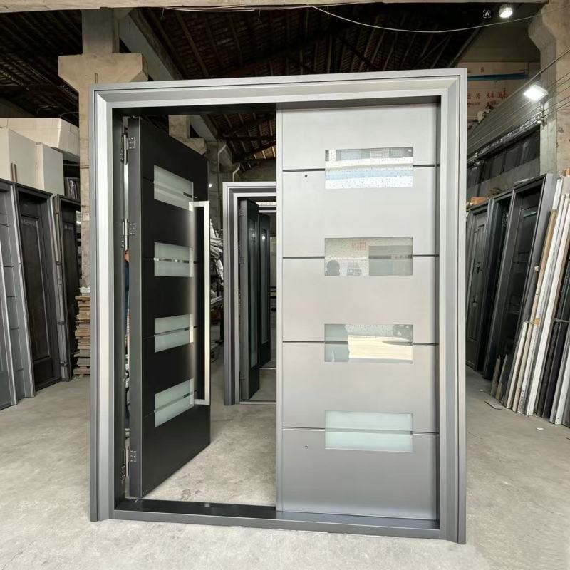 Customizable modern metal entry doors with glass panels for apartments and villas