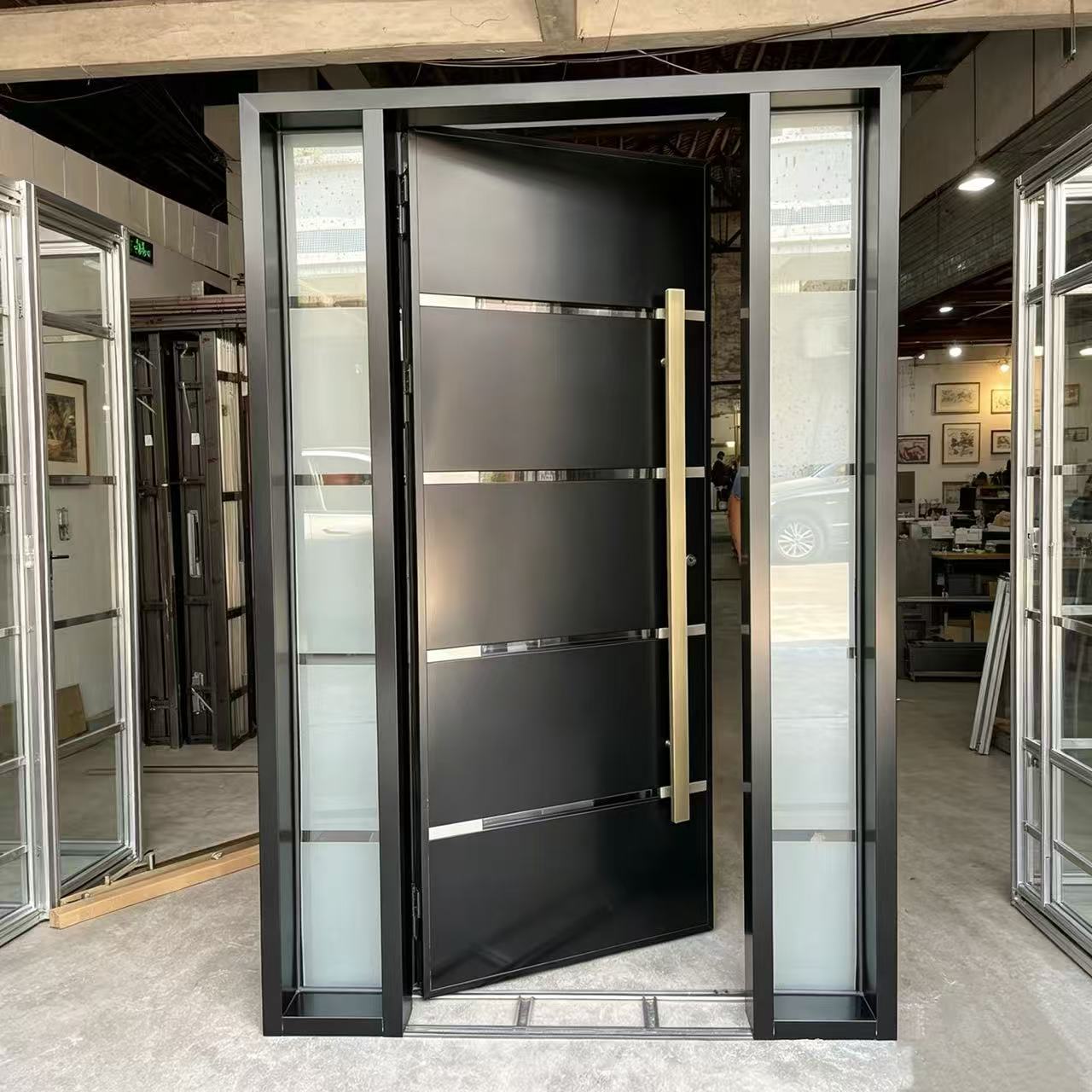 Customizable modern metal entry doors with glass panels for apartments and villas