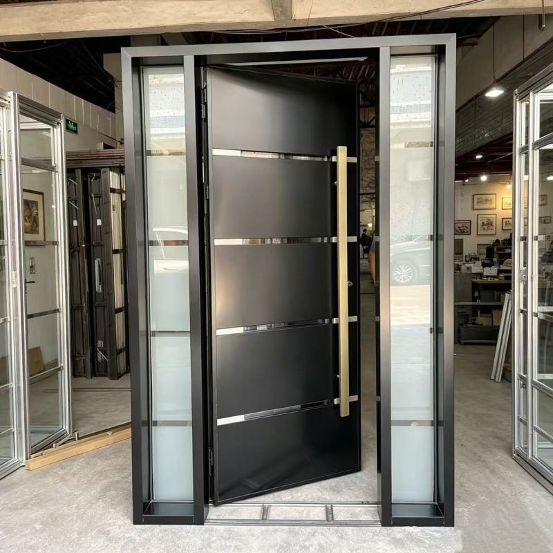 Customizable modern metal entry doors with glass panels for apartments and villas
