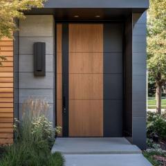 Wood Grain Veneer Aluminum Entry Door with Paneled Design, Customizable for Villas & Apartments