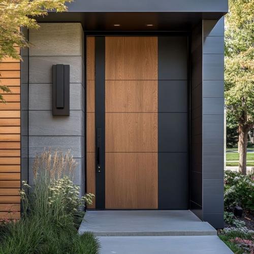 Wood Grain Veneer Aluminum Entry Door with Paneled Design, Customizable for Villas & Apartments